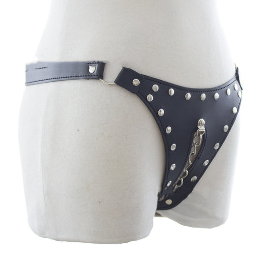 Black Leather Rivet Line Chain Panties Adult Chastity Belt