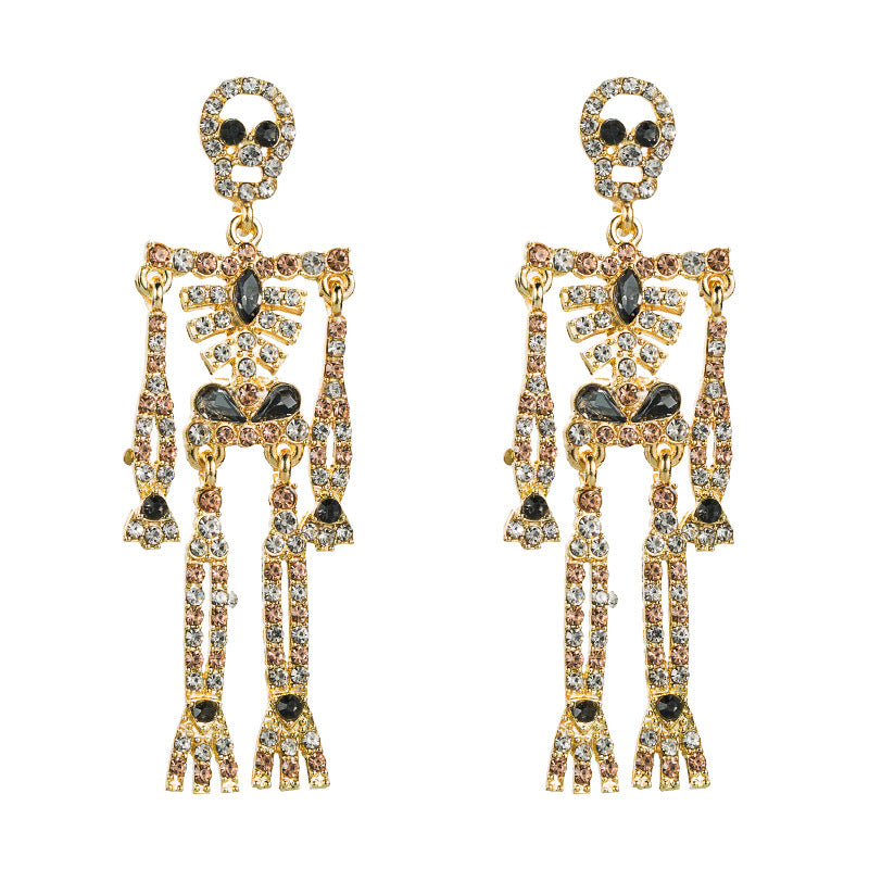 European and American style skull skeleton alloy inlaid rhinestone earrings female personality long exaggerated earrings earrings