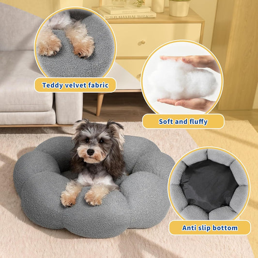 Calming Cat Beds For Indoor Cats Fluffy Flower Cat Dog Bed In Plush Teddy Sherpa Round Donut Cuddler Puppy Bed Non Slip Machine Washable Pet Bed