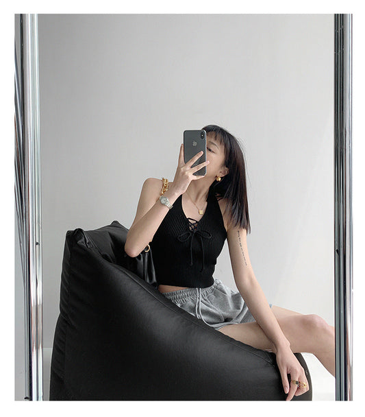 V-neck Lace-up Thread Knit Sling Tube Top