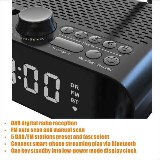 European Clock Control DABFM Radio Support Bluetooth With Bass Diaphragm, HD Display