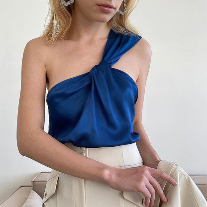 Slanted Shoulder Satin Bottom Fashionable Klein Blue Top