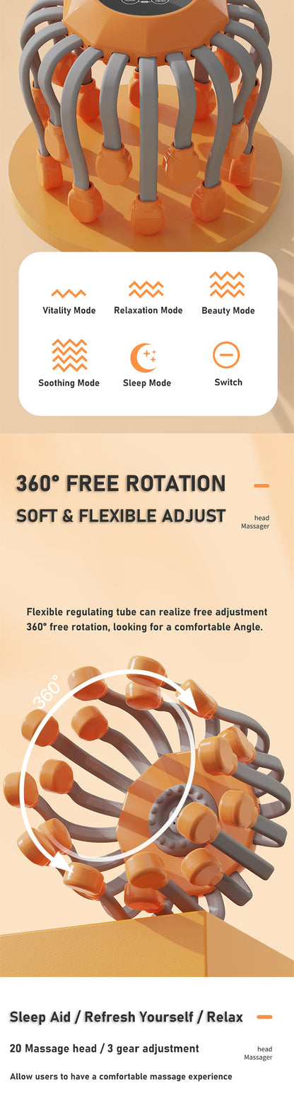 20Massage Heads Orange Scalp Head Massager Red Light Therapy Vibrator Octopus Scratcher For Relaxation Stress Migraine