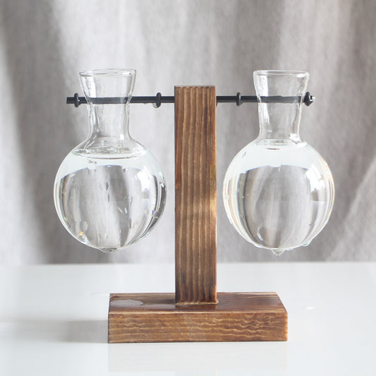 Transparent Bulb Vase with Wood Stand. For hydroponics. Great for coffee shops & room decor.