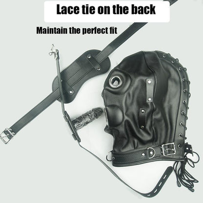 Leather Hood For Mask Removable Dildo Ball Gag B