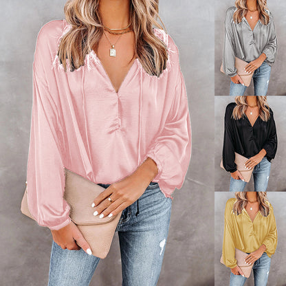 New Solid Color V-Neck Horn Long-Sleeved V-Neck Casual Top Ladies Shirt