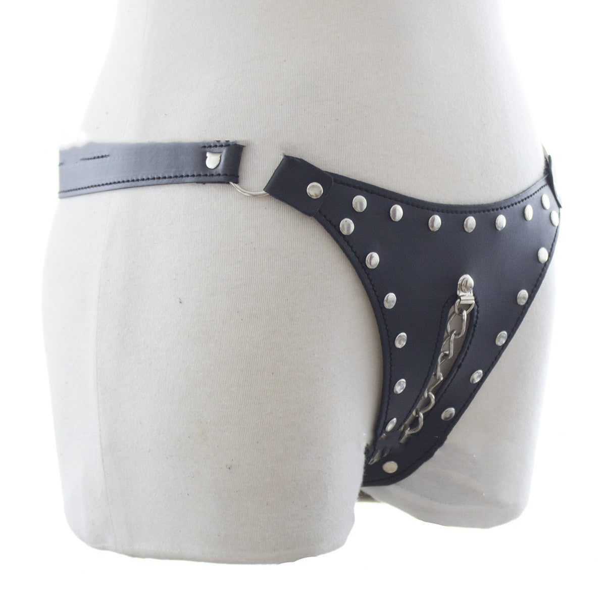 Black Leather Rivet Line Chain Panties Adult Chastity Belt