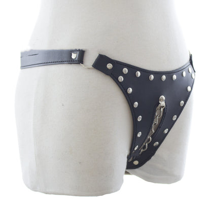 Black Leather Rivet Line Chain Panties Adult Chastity Belt