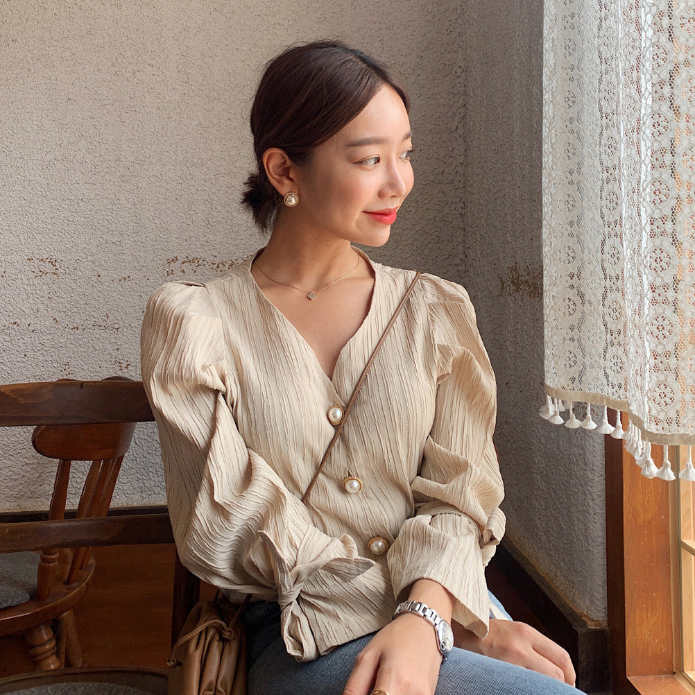 Alien Kitty Korean Retro Elegance Casual Sweet Solid Pearls Chic Fresh High Quality Loose Vintage All Match Women Shirts