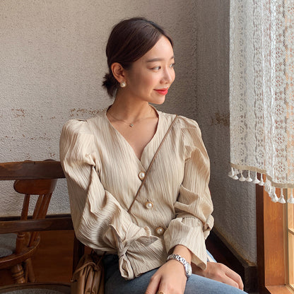 Alien Kitty Korean Retro Elegance Casual Sweet Solid Pearls Chic Fresh High Quality Loose Vintage All Match Women Shirts