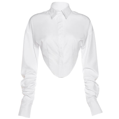 Loose Long-sleeved Solid Color Sexy Nude Navel All-match Women's Shirts Pleated All-match Tops T-shirt Autumn