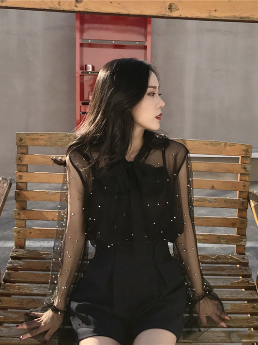 Two Piece Lace Up Bow See Through Top Camisole