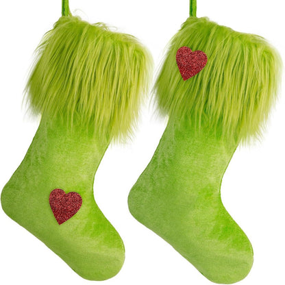 Christmas Green Fur Ornament Christmas Stockings Plush Candy Gift Bag