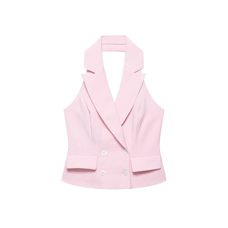 Women's Double Breasted Hanging Collar Vest Wide Back Pants