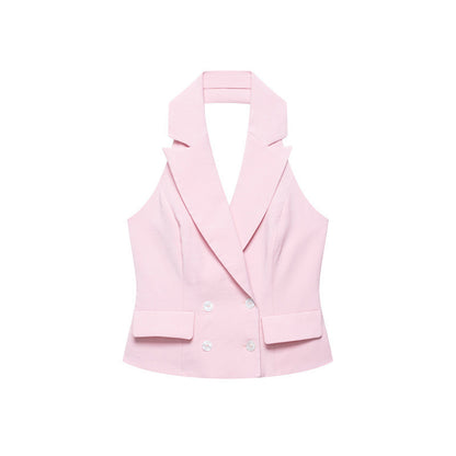 Women's Double Breasted Hanging Collar Vest Wide Back Pants