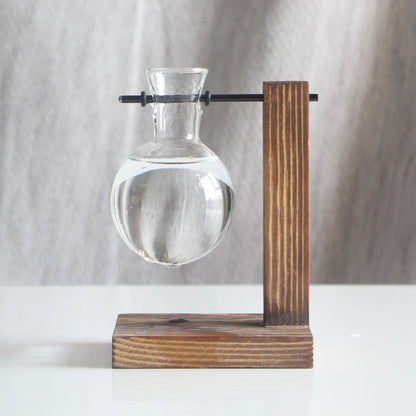 Transparent Bulb Vase with Wood Stand. For hydroponics. Great for coffee shops & room decor.