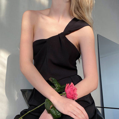 Slanted Shoulder Satin Bottom Fashionable Klein Blue Top