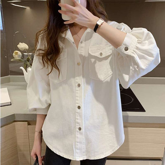 Blouses Shirts Women Spring Pockets Long Sleeve Fashion Solid Korean