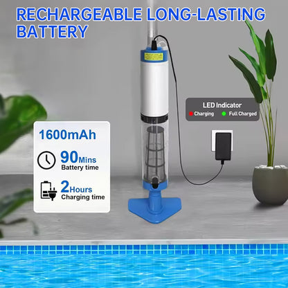Rechargeable hand pool vacuum for spas/hot tubs/small pools, with auto immersion detector & bristle nozzle.