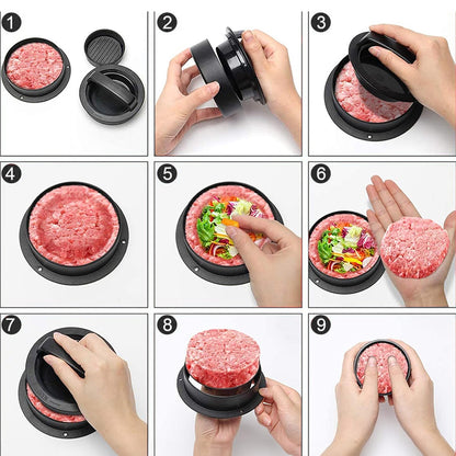 3-in-1 Manual Kitchen Gadget: Hamburger Patty, Round Beef Burger & Meatball Press.