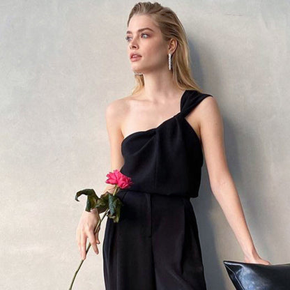 Slanted Shoulder Satin Bottom Fashionable Klein Blue Top