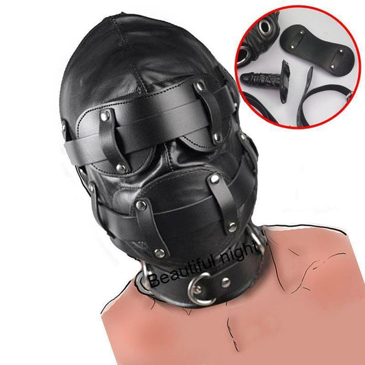 Leather Hood For Mask Removable Dildo Ball Gag B