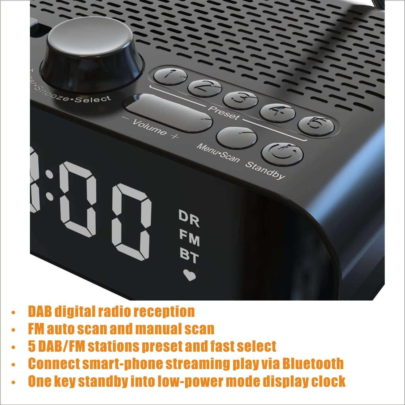 European Clock Control DABFM Radio Support Bluetooth With Bass Diaphragm, HD Display