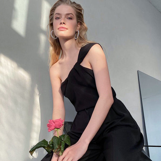 Slanted Shoulder Satin Bottom Fashionable Klein Blue Top