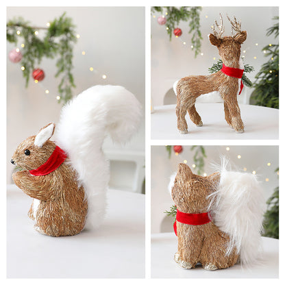 Straw Christmas Elk Squirrel Ornaments Christmas Scene Layout