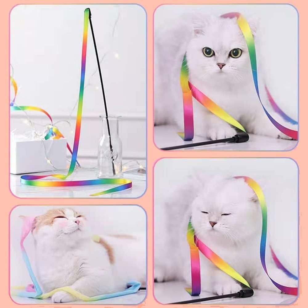 Interactive Cat Rainbow Wand Toys Interactive Cat Teaser Wand String Colorful Ribbon Charmer For Most Cats