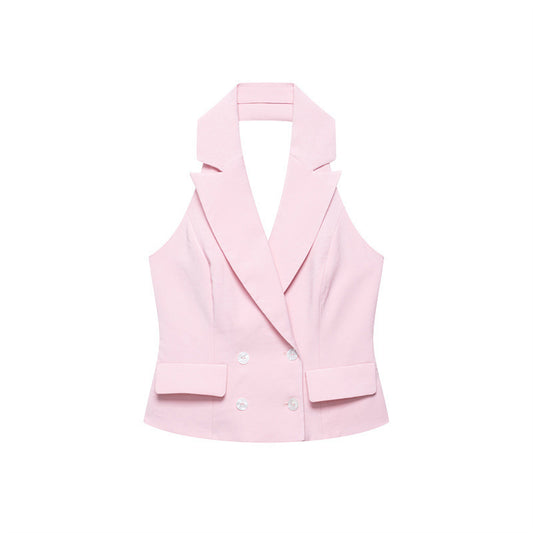 Women's Double Breasted Hanging Collar Vest Wide Back Pants